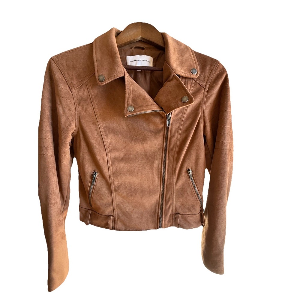 Cupcakes and Cashmere Brown Moto Jacket Womens Medium Cropped Biker Faux Suede - Picture 6 of 16